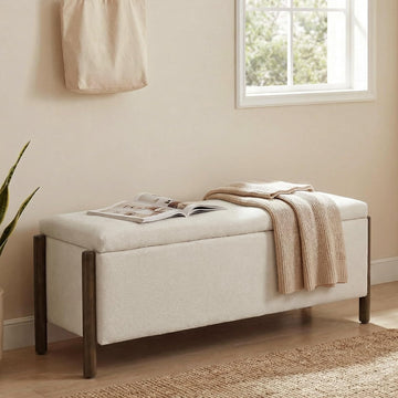 47" Fabric Upholstered End of Bed Storage Ottoman Bench, Beige | Entryway Bench with Storage and Rubberwood Legs