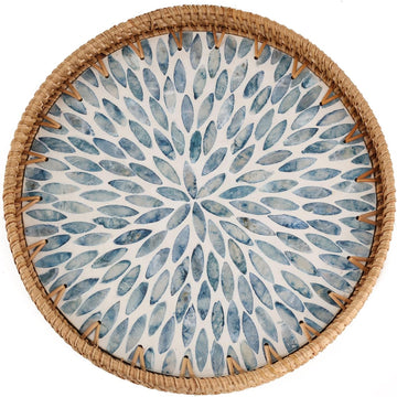 Round Rattan Tray with Mother of Pearl Inlay, Rattan Serving Tray for Coffee, Bread, Fruits, Decorative Wicker Tray