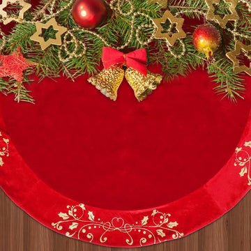 48inch Christmas Tree Skirt Red Luxury Velvet Plush Fur Tree Skirts Xmas Velvet Tree Skirt with Embroidered Holly