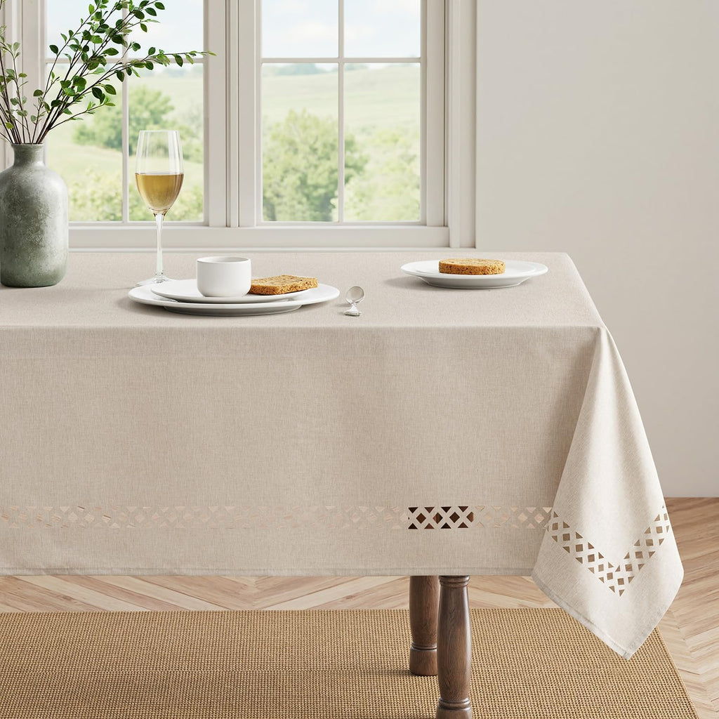 Beige Rectangle Linen Polyester Tablecloth with Decorative Cutouts Spring Waterproof Stain Resistant