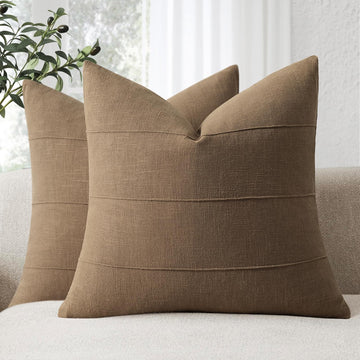 Decorative Linen Throw Pillow Covers 18x18 Set of 2 Solid Handcrafted Striped Cushion Covers for Bed Soft Modern