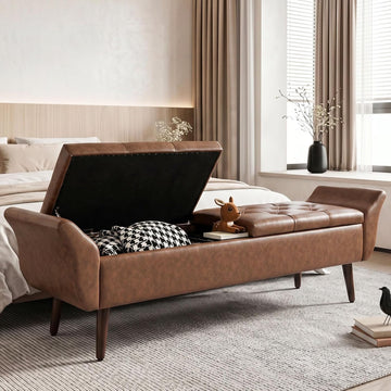 Storage Ottoman Bench 64'' Leather End of Bed Bench Easy-to-Assemble