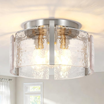 Brushed Nickel 3-Light Semi Flush Mount Ceiling Light, 15'' Modern Dimmable Hallway Fixture with Hammered Glass