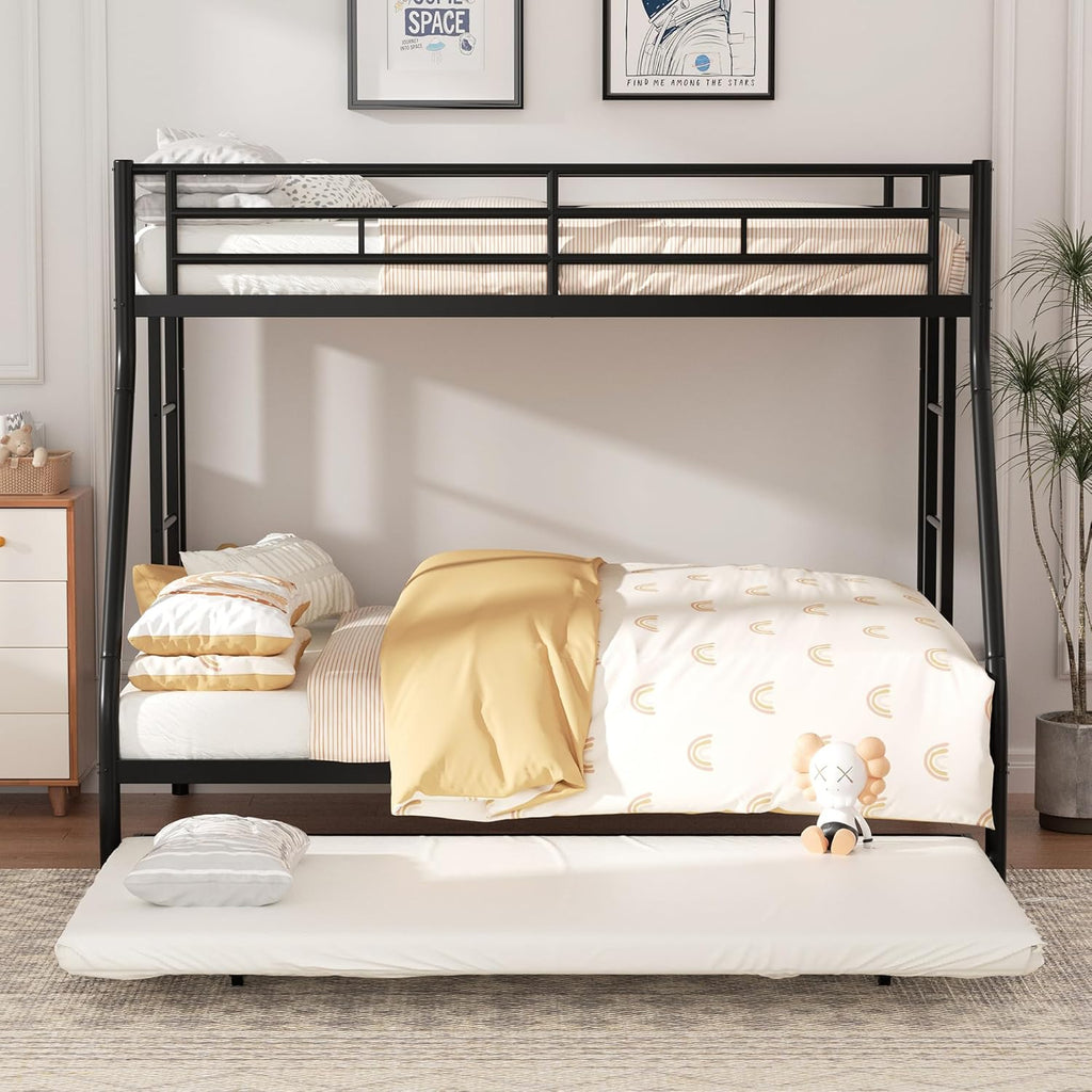Bunk Bed Twin Over Full with Trundle, Heavy-Duty Twin&Full Frame with Full-Length Guardrail and Two Ladders