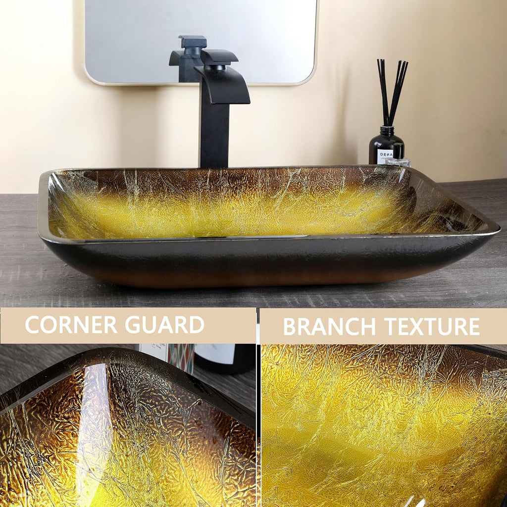 22 Inch Bathroom Vessel Sink Basin with Waterfall Faucet and Pop-Up Drain Combo,Gold Rectangular Glass Sink Bowl Above