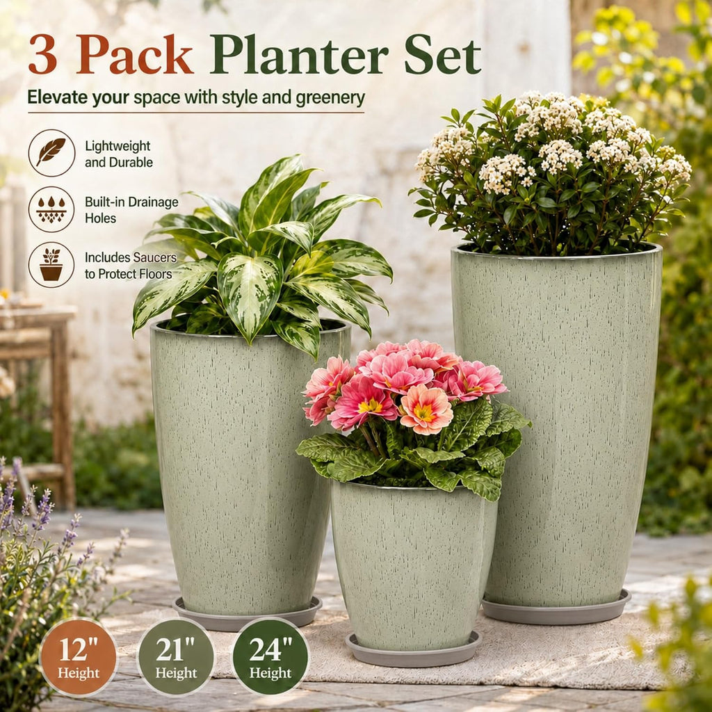 Set of 3 Tall Planter, 24/21/12in Large Planter, DripGlaze | Ceramic-Look, Lightweight, Built-in Drain Hole, Saucers