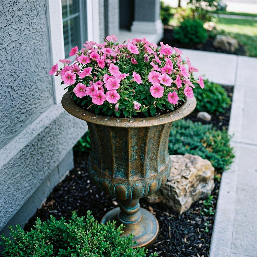 24.5" H. Metal Urn Planters 1-Pack - Bronze Classic Antique Iron Plant Pots - Large Decorative Rustic Flower Pots for