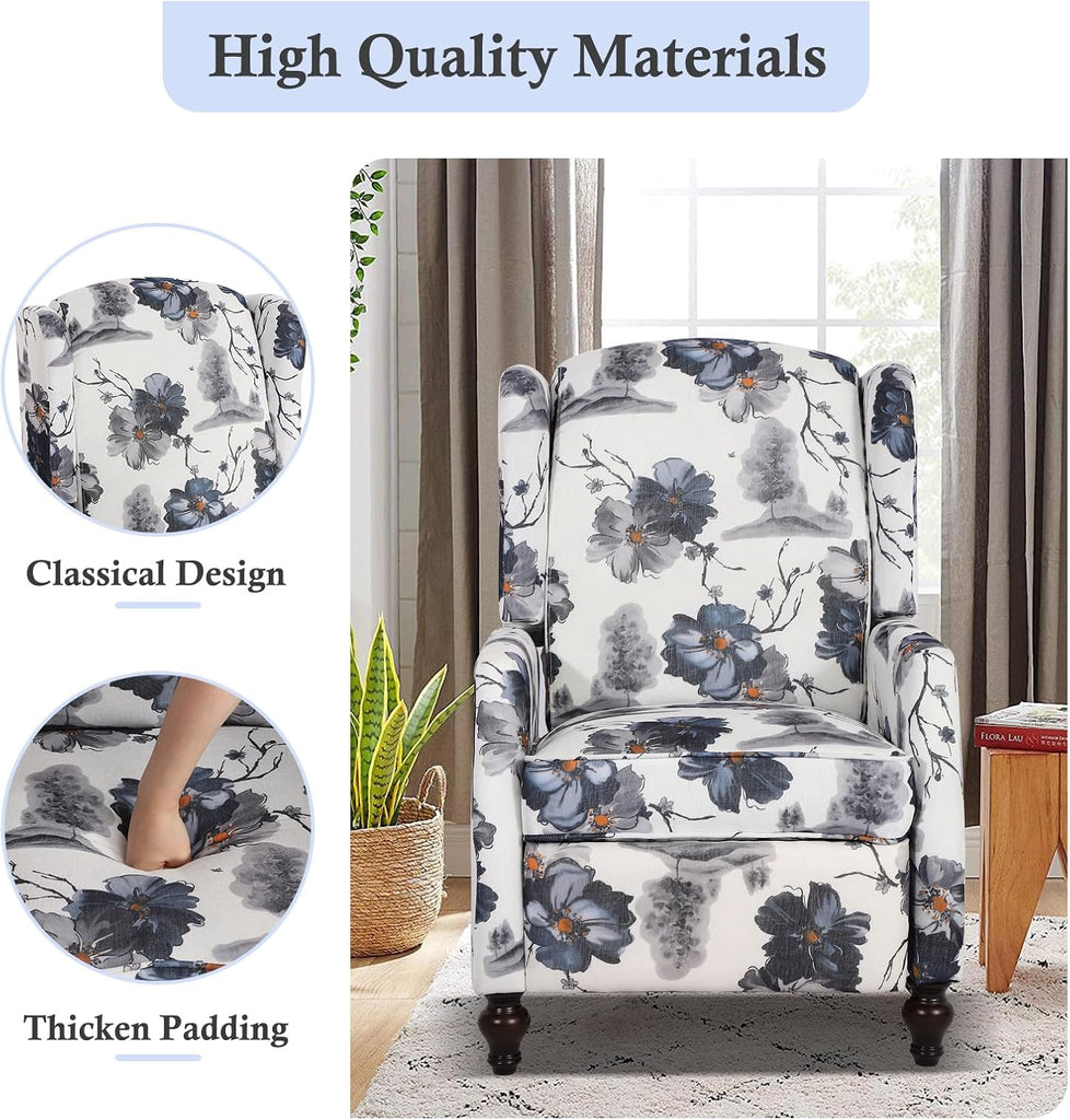 Wingback Recliner Chair - Tufted Arm Chair Recliner - Fabric Push Back Single Sofa Adjustable Backrest (Blue Floral)