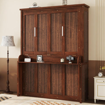 Queen Wood Murphy Bed, Space-Saving Hidden Wall Bed with Desk and Gas Struts, No Box Spring Needed, Walnut