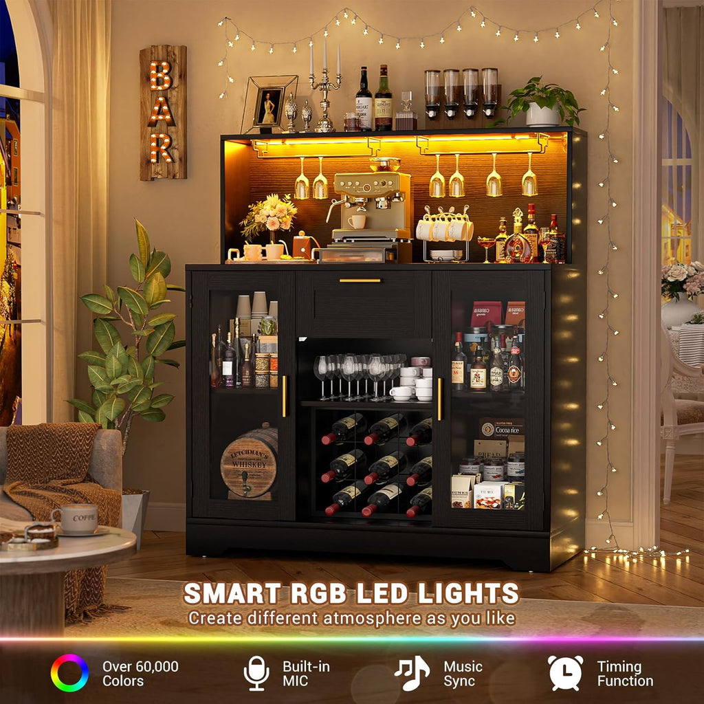 Coffee Bar Cabinet with LED Light and Storage Hutch, Black