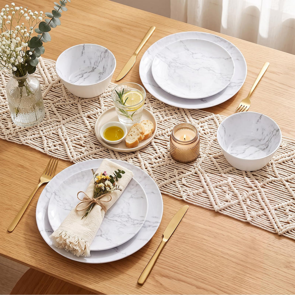 12-Piece Melamine Dinnerware Sets, Modern White Round Dish Set for 4