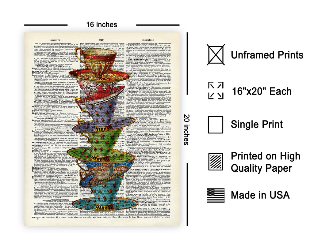 Dictionary Art Poster - Stacked Teacups Print - Victorian Tea-Cup Art - Gift for Him, Her, Men, Women - Perfect Decor