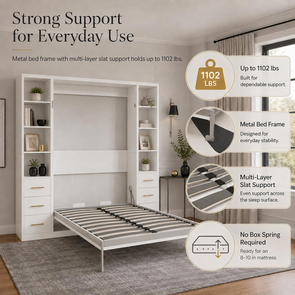 Queen Murphy Bed with Side Storage Cabinets, White Space-Saving Wall Bed