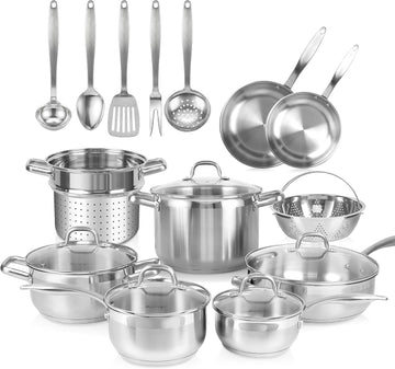 Stainless Steel Pots and Pans Set, 19PC Induction Cookware Set | Family Kitchens, Impact Bonded Base, Even Heat for