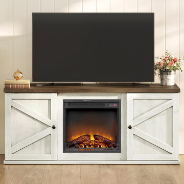 Farmhouse Fireplace TV Stand for TVs up to 65 Inches, Entertainment Center with 18 Inch Electric Fireplace, Remote Control, Rustic White and Brown