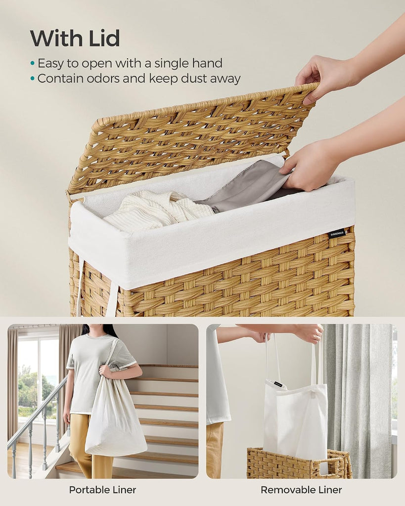 Slim Laundry Hamper with Lid, 14.5 Gallon (55L) Rattan Clothes Laundry Basket with Lid and Handles, Foldable