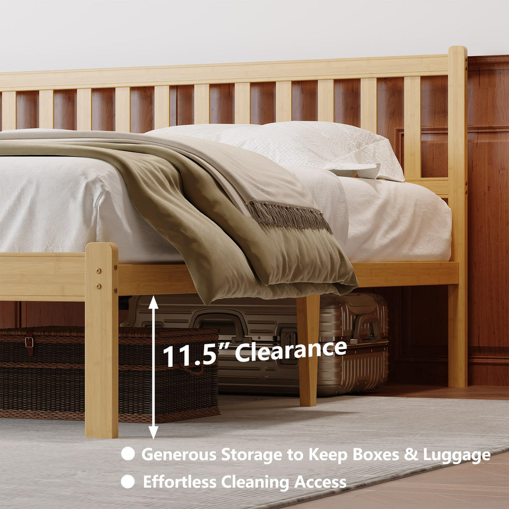 14 in High Solid Bamboo Wood Platform Queen Bed Frame with Headboard, Bed Frame Queen Size, Heavy Duty, No Box Spring