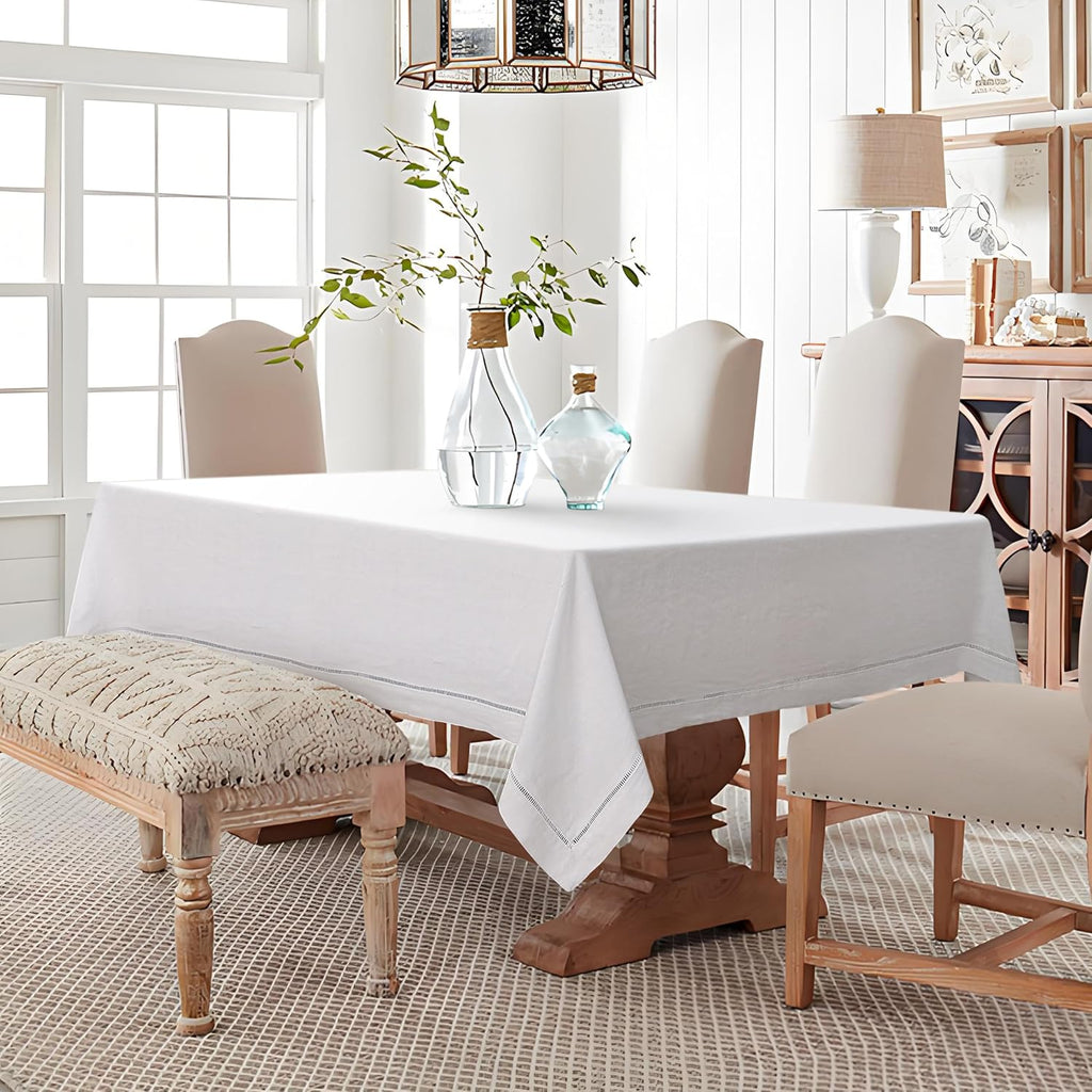 Linen World Hemstitch Linen Tablecloth,French Linen White Tablecloth 90" x 60" Inch,Washable Rectang