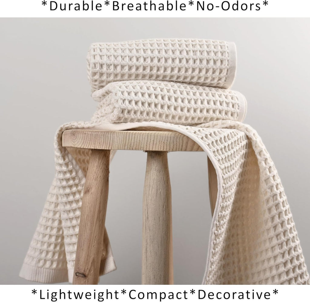 Natural 100% Turkish Cotton Waffle Kitchen and Hand Towels, 3-Piece | Raw-Undyed 32x16" Large Soft Absorbent