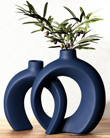 Blue Vase Set of 2 - Donut Navy Vases Home Decor, Modern Coastal Decor - Decorative Vase, Ceramic