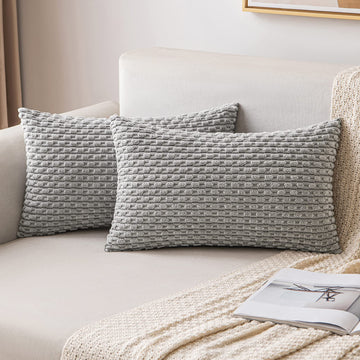 Lumbar Decorative Throw Pillow Covers 12x20 Light Grey Corduroy