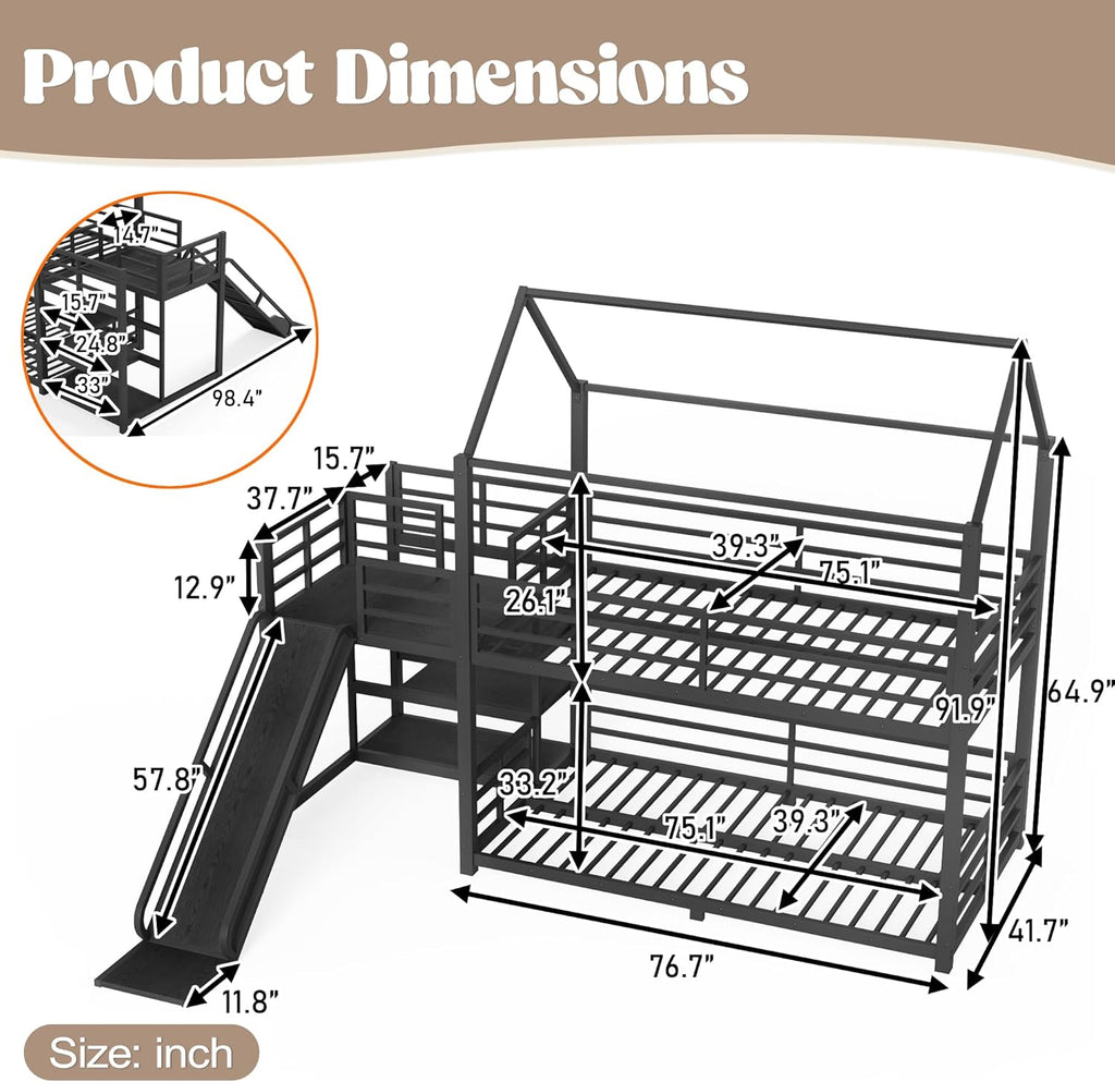 Metal Bunk beds Twin Over Twin with Slide and Storage Stairs, House Floor bunk Bed with guardrail for Kids,Black