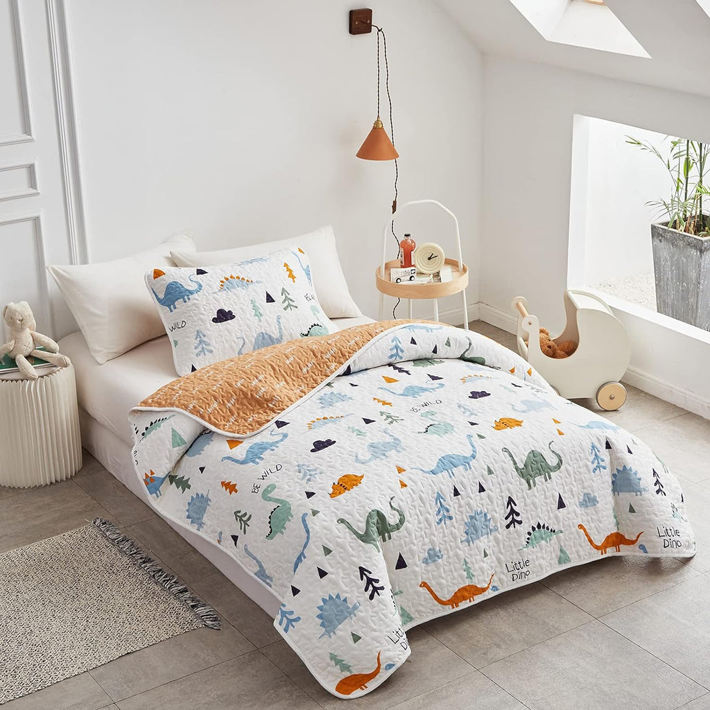 3-Piece Cotton Quilt Set Full/Queen, Cute Dinosaur Reversible Design for Kids Boys n Girls, Breathable Quilt