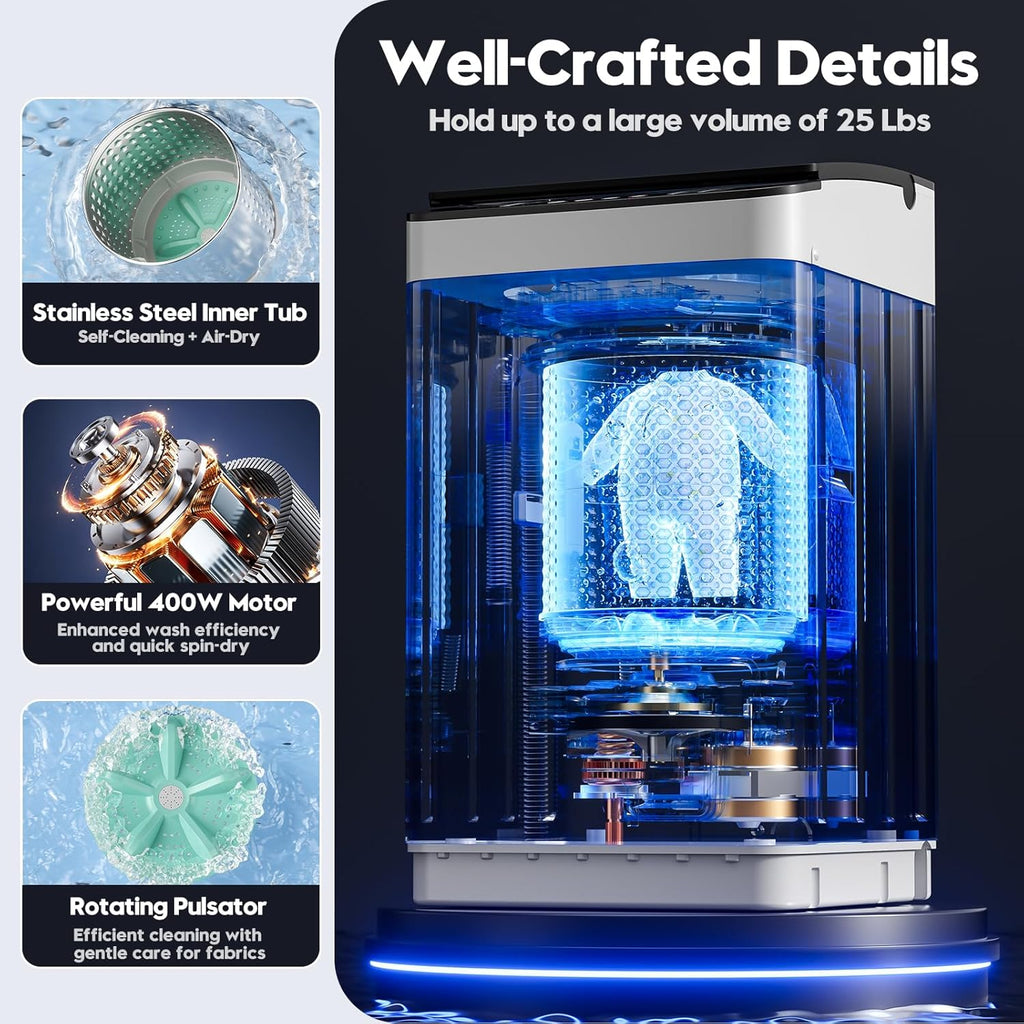 28 lbs Portable Washing Machine, Fully Automatic Portable Washer with LED Display, 10 Wash Cycles, 5 Water Levels, 24H