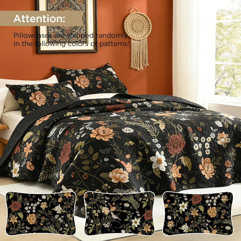 Floral Black Quilt - 3 Pieces Botanical Birds Pattern Quilt Bedding, Lightweight Soft Coverlet for All Seasons