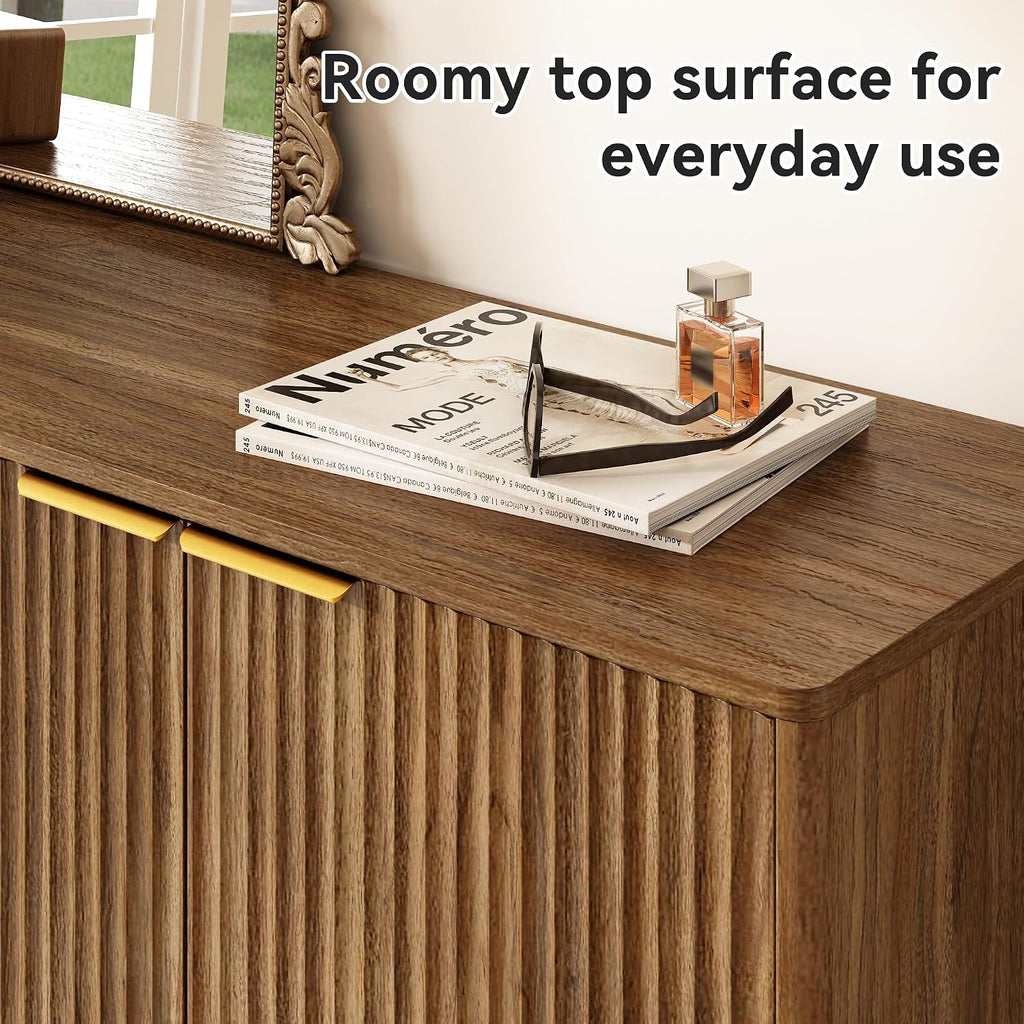 Fluted Shoe Cabinet with Doors, 5-Tier Shoe Storage Cabinet with Adjustable Shelves, Wooden Freestanding Shoe