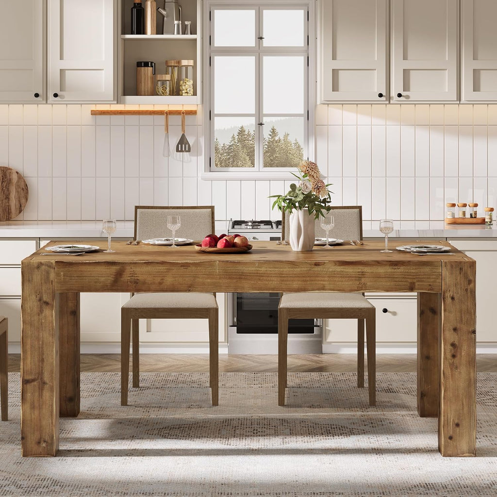 Solid Wood Dining Table for 6, 63-Inch Farmhouse Kitchen Table with Heavy Duty Legs, Rectangular Wood Dinner Table