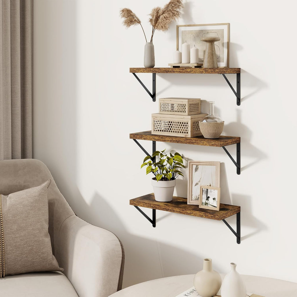 Book Shelf Set of 3, 16 inch Wall Shelves, Vintage Brown Shelves | Wall Mounted Bookshelf with Metal Brackets