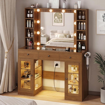 Walnut Vanity Desk with Mirror and Lights, Glass Top Vanity with Lighted Mirror & RGB Glass Cabinet and 3 Drawers
