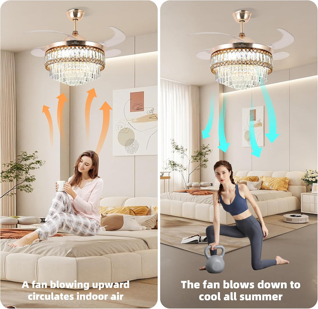 Retractable Crystal Ceiling Fan with Lights and Remote/APP Control, Bluetooth Ceiling Fan with Speaker, 6-Speed
