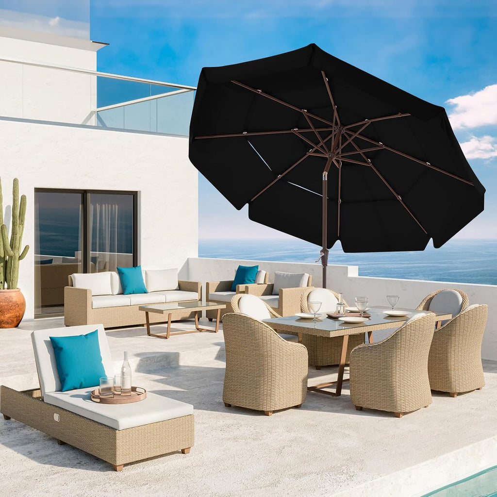 3 Tiers 9 FT Patio Umbrellas Outdoor Table Umbrella with Push Button Market Umbrella 8 Sturdy Ribs UV Protection - Black