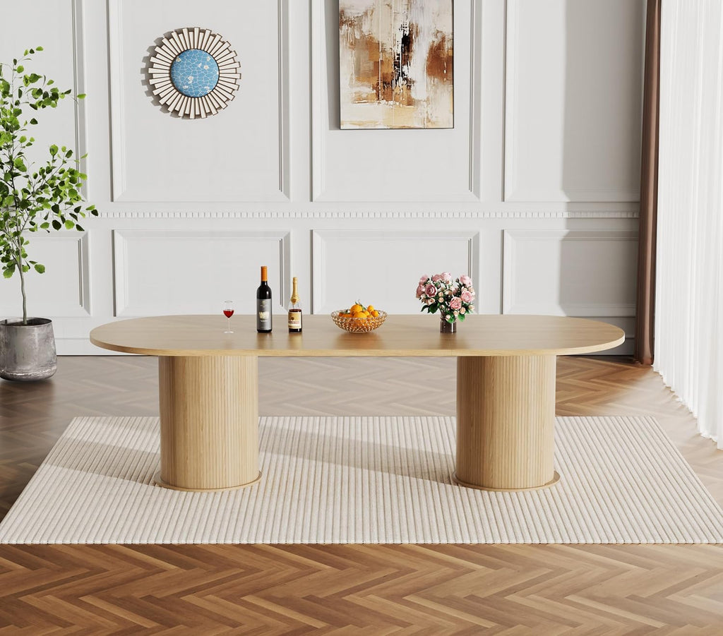Round Extendable Dining Table, 94" Extendable Dining Room Table for 10, Retro Wooden Kitchen Expanding Table Oval Top