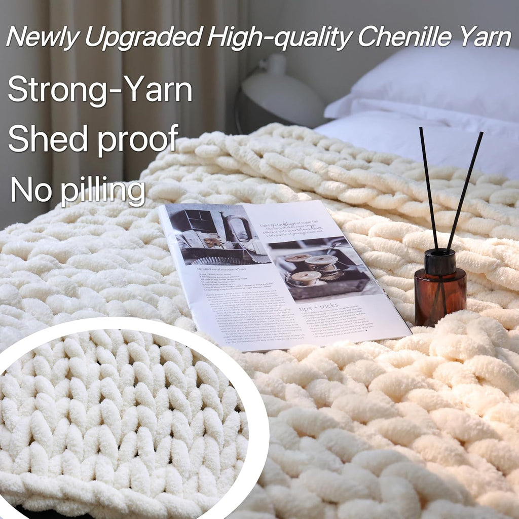 Chenille Chunky Knit Blanket Throw （40×50 Inch）, Handmade Warm & Cozy Blanket Couch, Bed, Home Decor, Soft Breathable