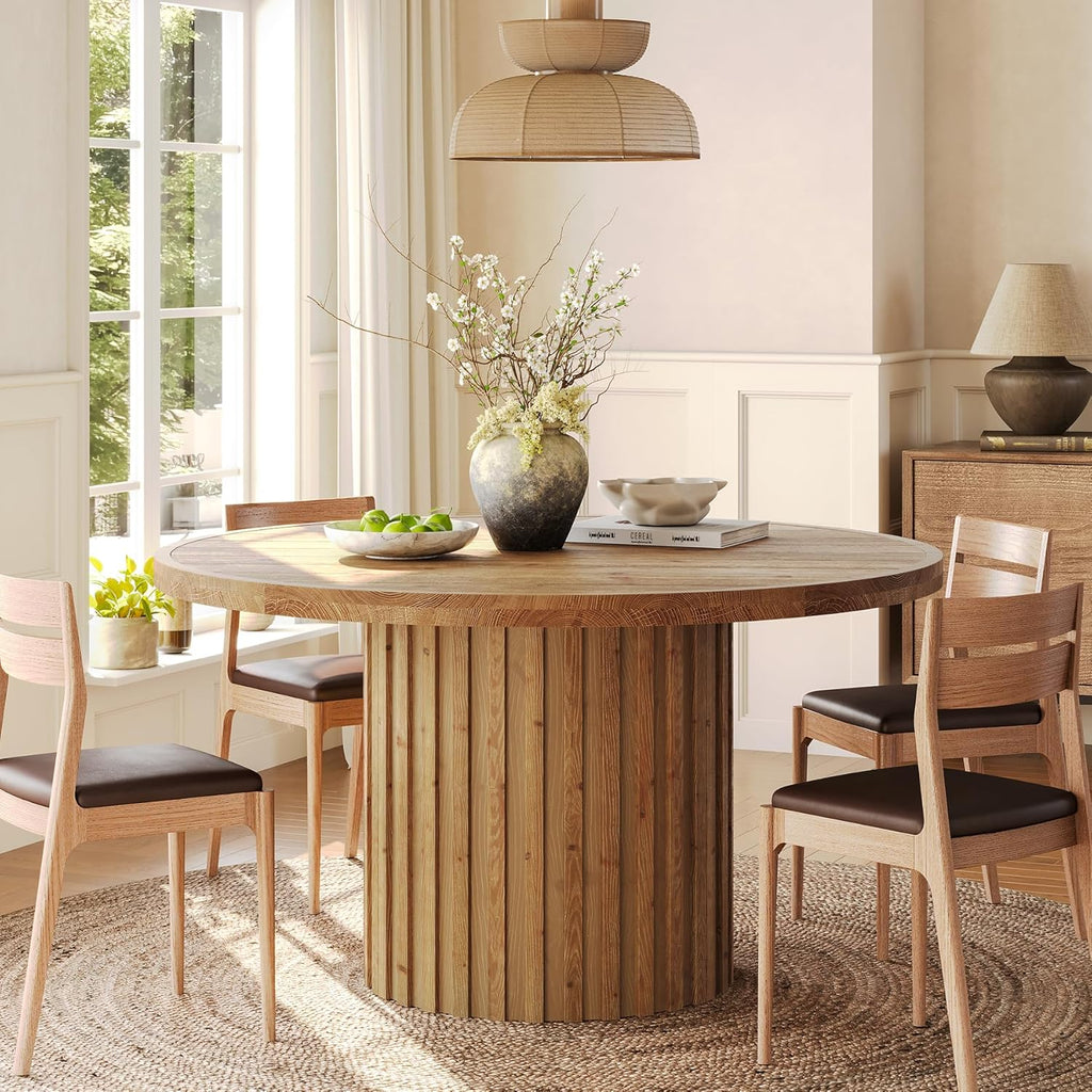 47" Solid Wood Dining Table for 4-6, Farmhouse Round Kitchen Table with Striped Pedestal Base, Circle Wooden Dining