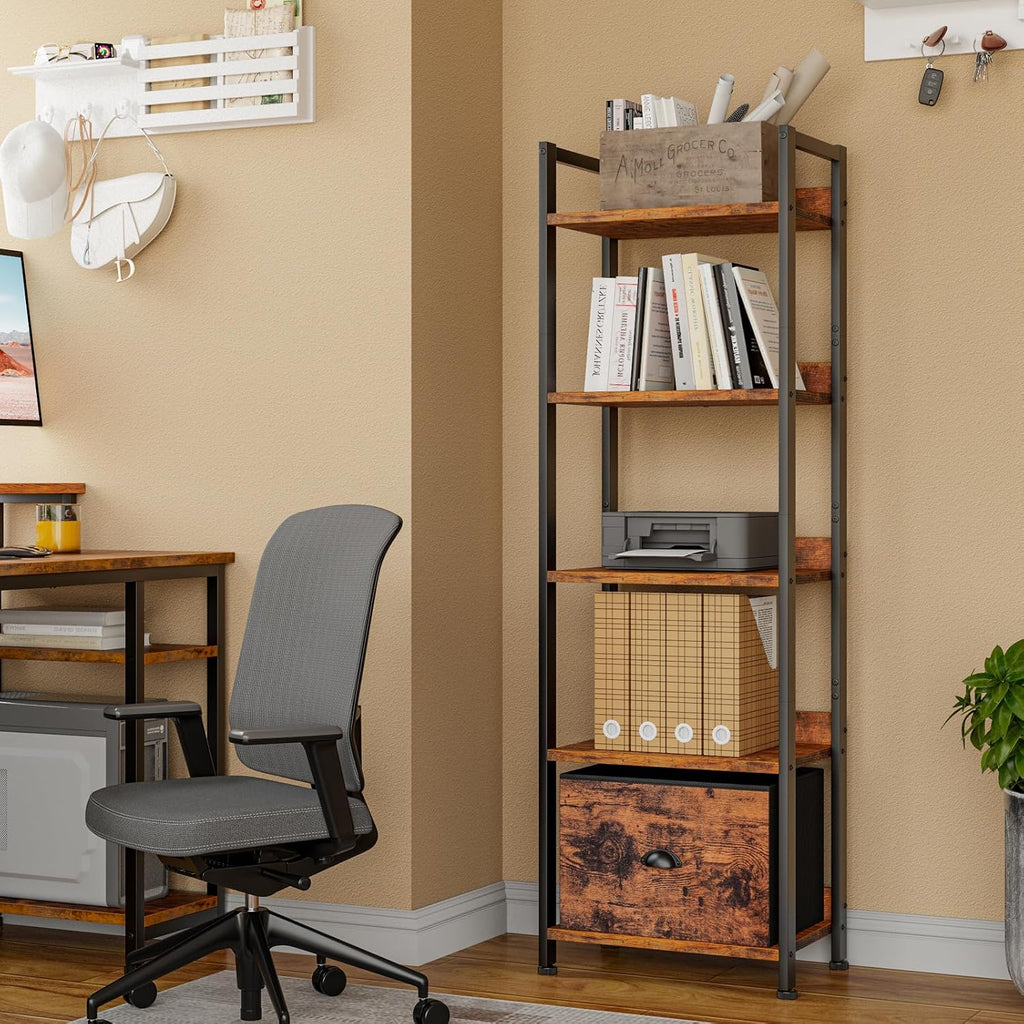5 Tier Bookshelf with Drawer, Tall Narrow Bookcase with Shelves, Wood and Metal Bookshelves Storage Organizer