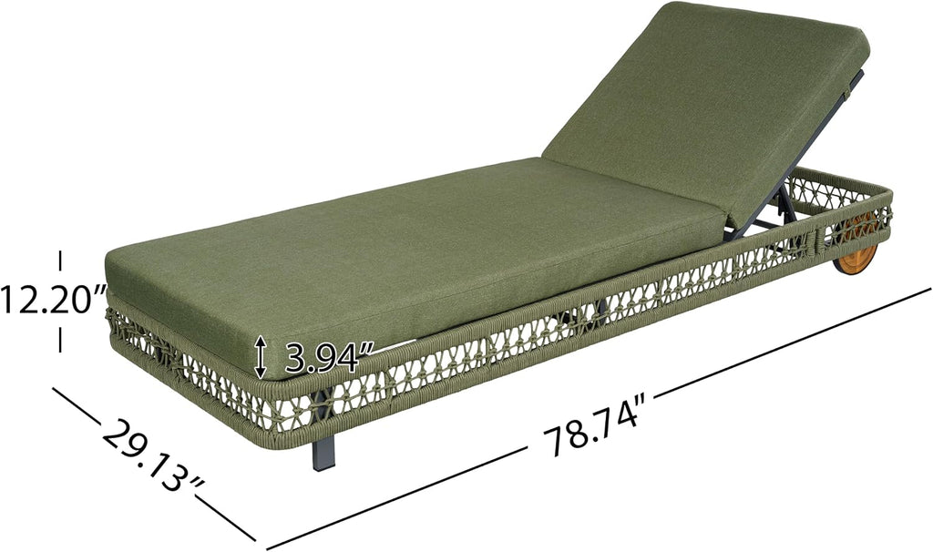 Woven Rope Chaise Lounge Chair Outdoor with Steel Frame, Patio Outdoor Chaise Lounge with Wheels and Cushions