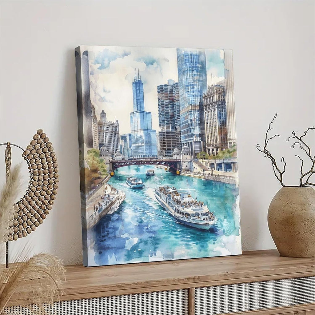 Watercolor Painting Chicago City Art Watercolor Landscape Chicago Skyline Print Urban Wall Decor Canvas Wall Art
