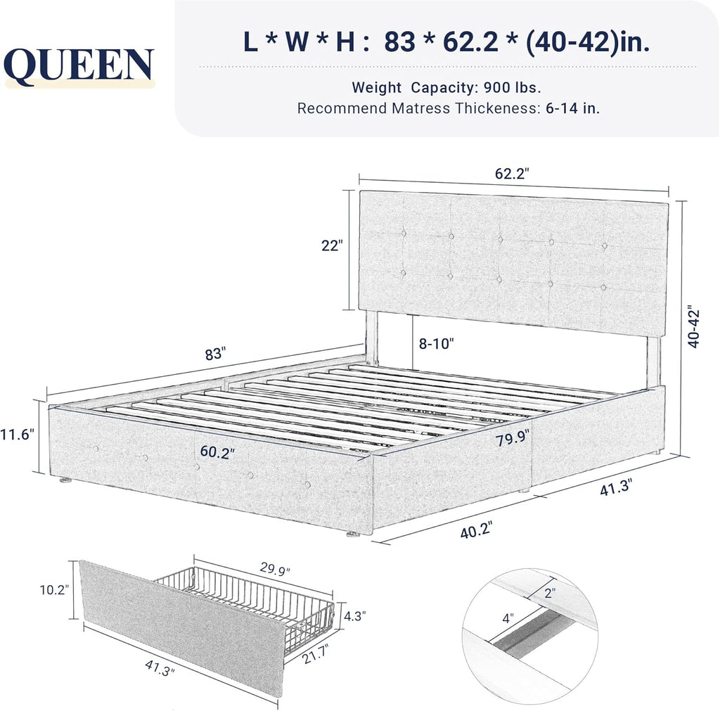Upholstered Queen Platform Bed Frame with 4 Storage Drawers and Headboard, Square Stitched Button Tufted
