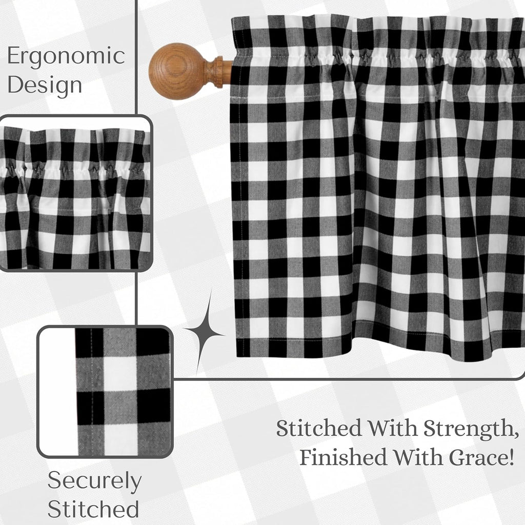 Black & White 3 Piece Gingham Tier and Valance Set - Semi Sheer Window Curtain 2 Tiers 26"x36" & 54"x18" Valance, Rod