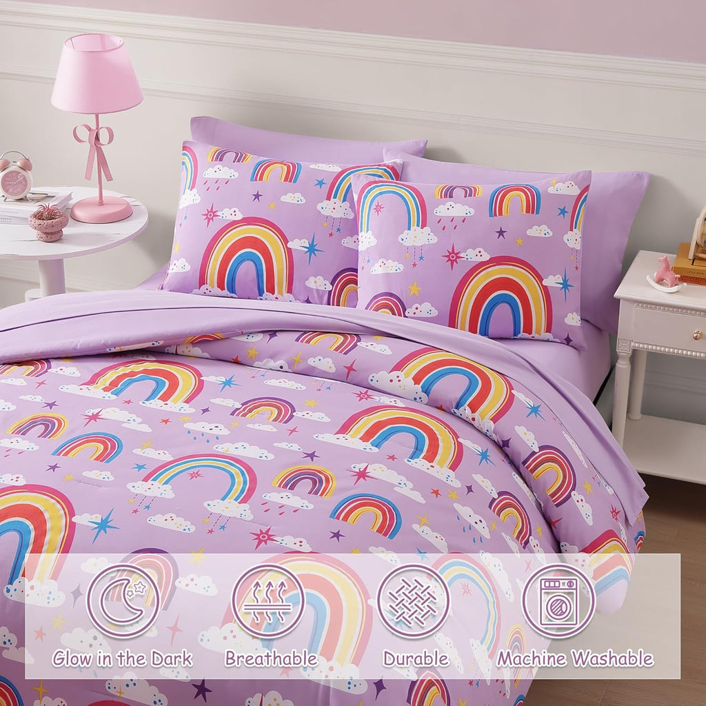Full Comforter Set for Girls-7 Pieces Purple Rainbow Glow in the Dark Full Bedding Sets for Kids