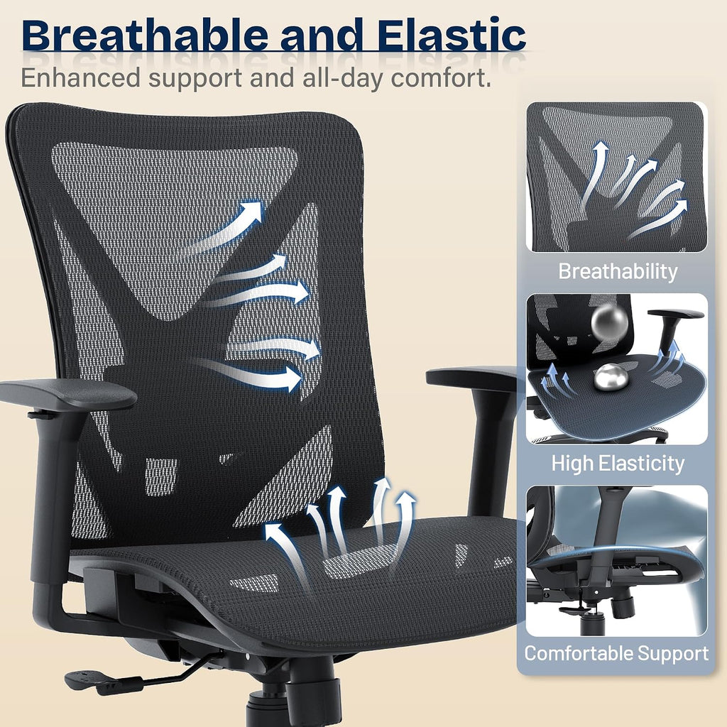Ergonomic, Mesh Computer Desk Chairs with Adjustable Lumbar Support, 3D Armrests, Tilt Function, Comfy Wide Seat