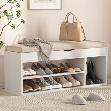 31 Inches Storage Bench with Padded Cushion, Shoe Bench with Storage Space, Upholstered Entryway Bench , 2-Tier Shoe
