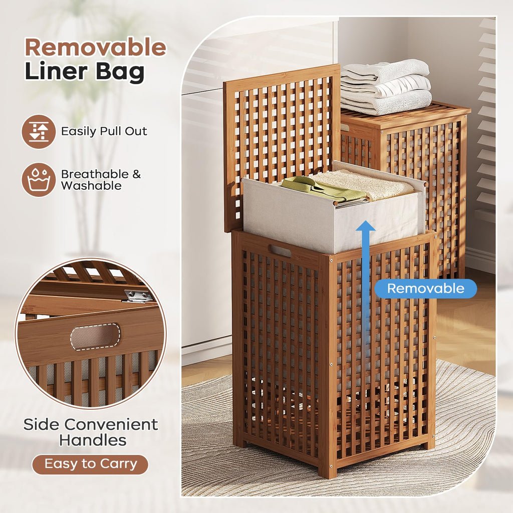Large Laundry Hamper with Lid, 120L Bamboo Clothes Basket with Liner