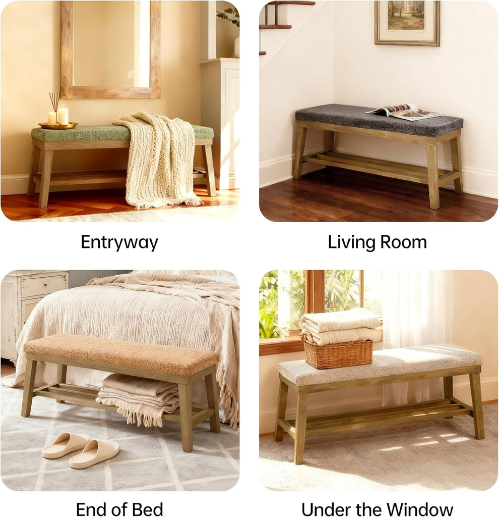 Entryway Bench, 44.4" Upholstered Shoe Storage Bench , Shoe Bench with Rubberwood Legs, Modern End of Bed Storage