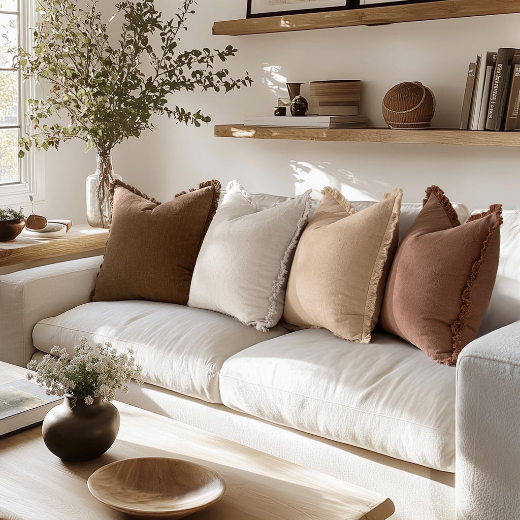 Decorative Couch Pillow Covers Neutral Linen Fringe Throw Pillows Set of 4 Accent Rustic Cushions Boho Farmhouse