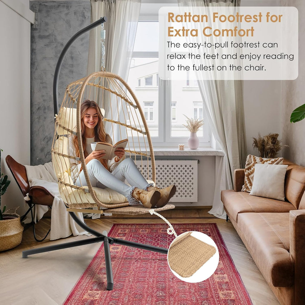 Hanging Egg Chair with Stand and Footrest for Indoor Outdoor, Begie | Wicker Egg Swing Chair with Aluminum-Steel